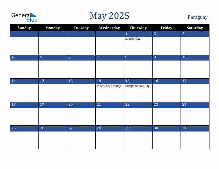 May 2025 Paraguay Calendar (Sunday Start)