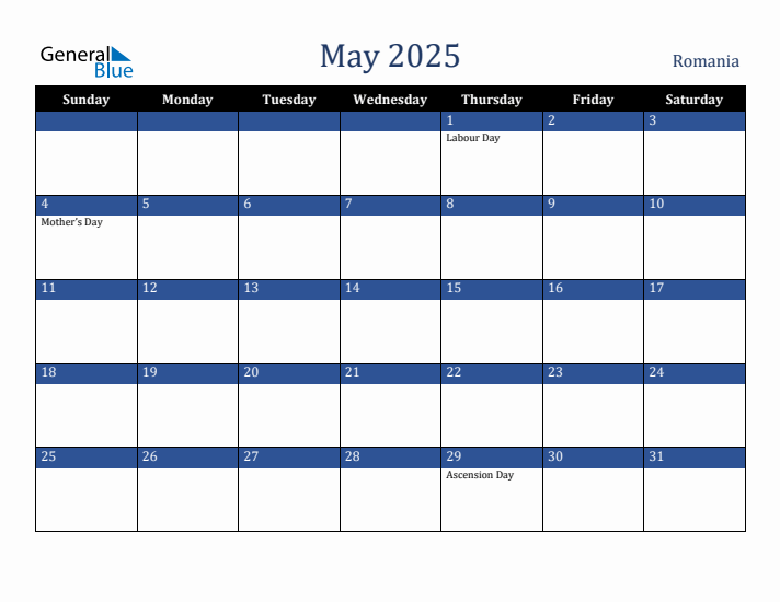 May 2025 Romania Calendar (Sunday Start)