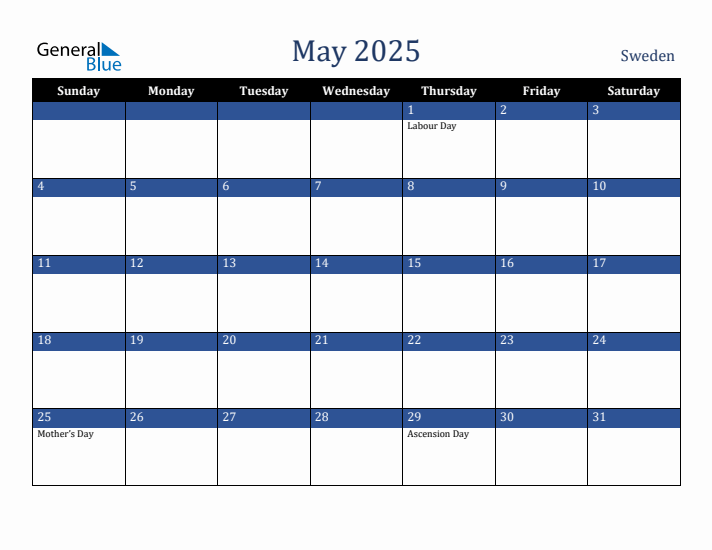 May 2025 Sweden Calendar (Sunday Start)