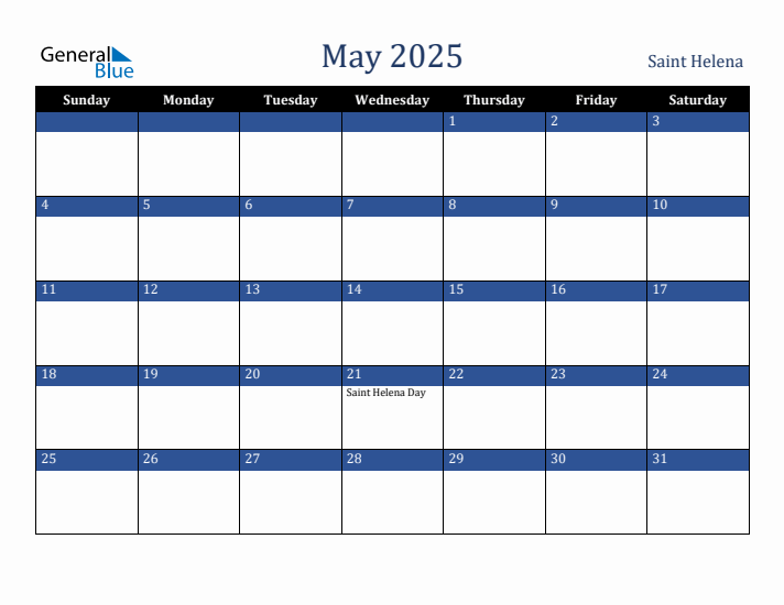 May 2025 Saint Helena Calendar (Sunday Start)