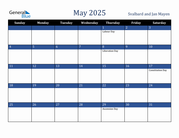 May 2025 Svalbard and Jan Mayen Calendar (Sunday Start)