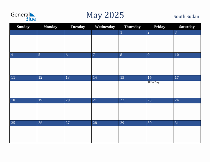 May 2025 South Sudan Calendar (Sunday Start)