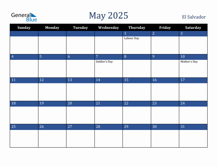 May 2025 El Salvador Calendar (Sunday Start)