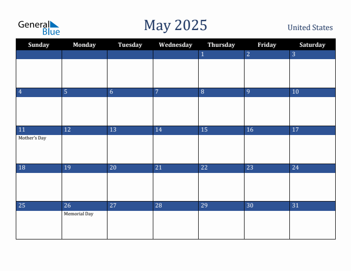 May 2025 United States Calendar (Sunday Start)