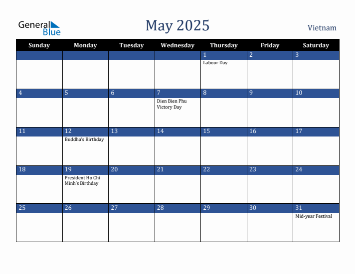May 2025 Vietnam Calendar (Sunday Start)