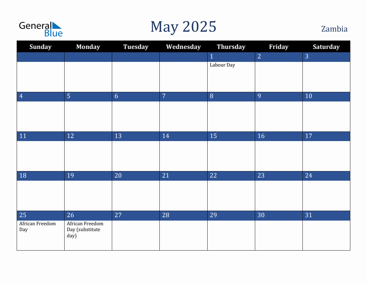 May 2025 Zambia Holiday Calendar