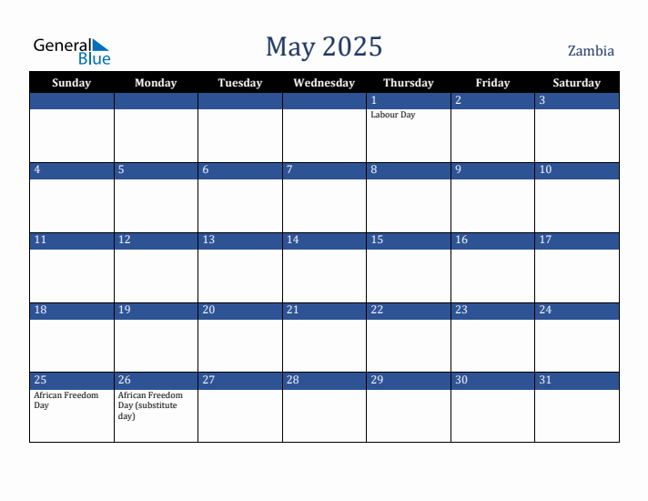 May 2025 Zambia Calendar (Sunday Start)
