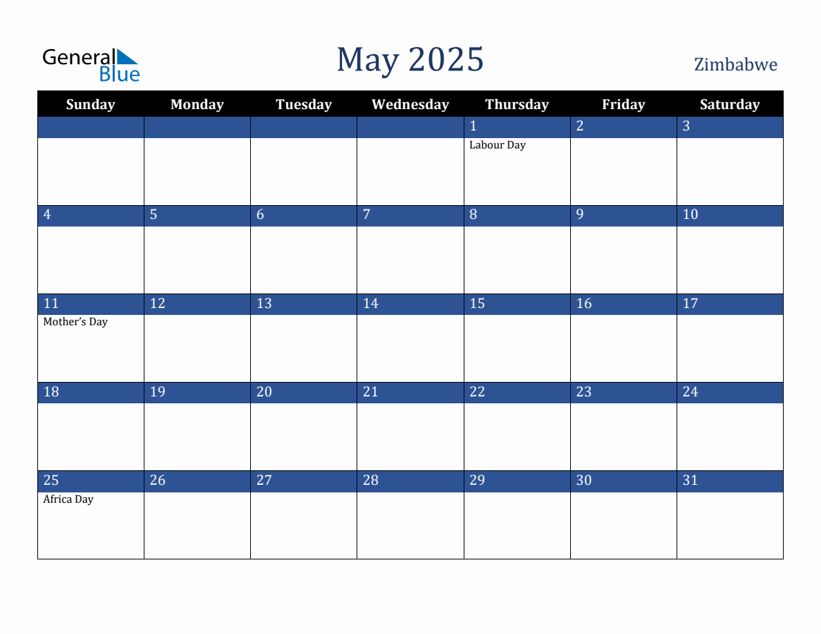 May 2025 Zimbabwe Holiday Calendar