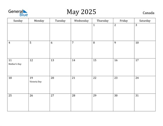 May 2025 Calendar with Canada Holidays