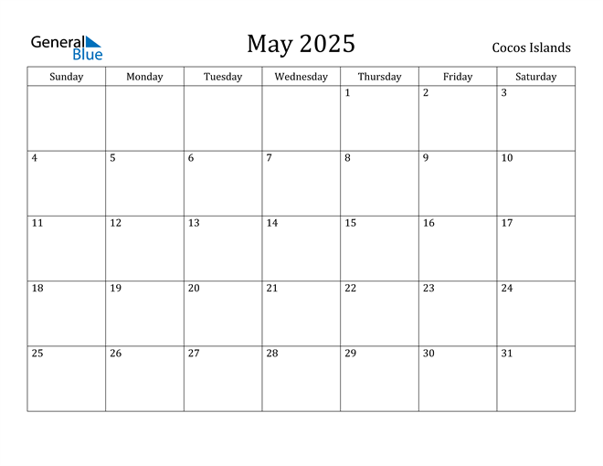 Cocos Islands May 2025 Calendar with Holidays