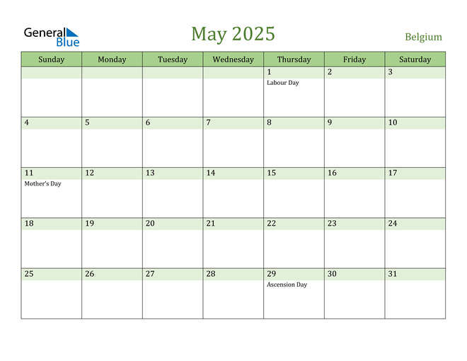 Belgium May 2025 Calendar with Holidays