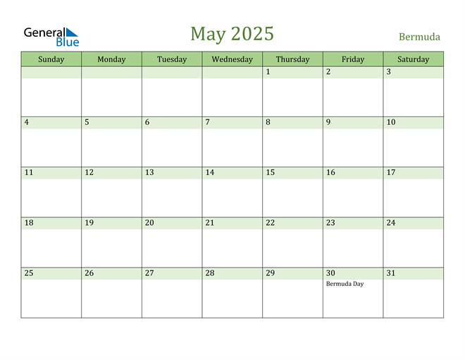 May 2025 Calendar with Bermuda Holidays