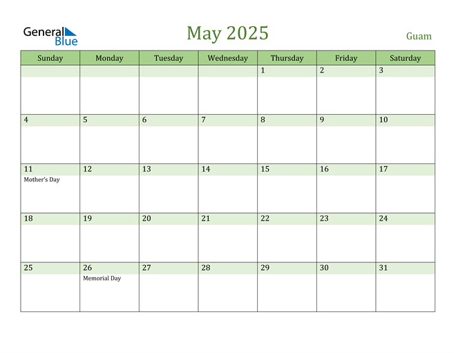 May 2025 Calendar with Guam Holidays