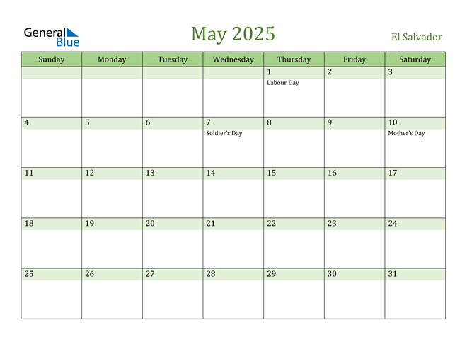May 2025 Calendar with El Salvador Holidays