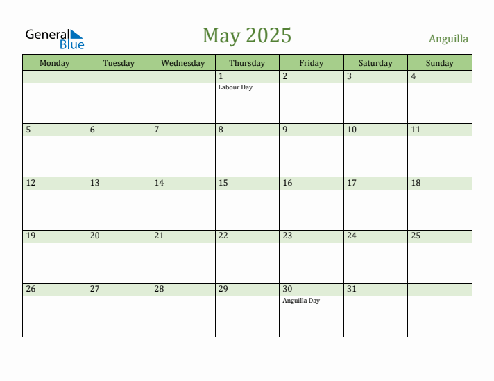 May 2025 Calendar with Anguilla Holidays