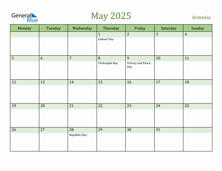 May 2025 Calendar with Armenia Holidays