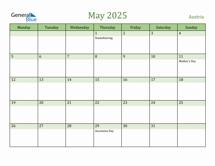May 2025 Calendar with Austria Holidays
