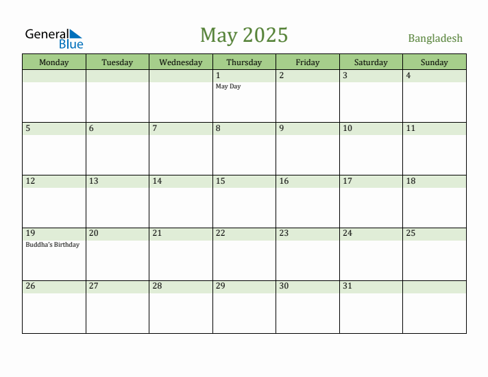 May 2025 Calendar with Bangladesh Holidays