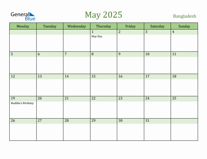 May 2025 Bangladesh Monthly Calendar with Holidays