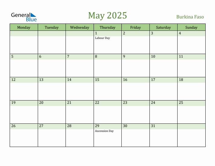 May 2025 Calendar with Burkina Faso Holidays