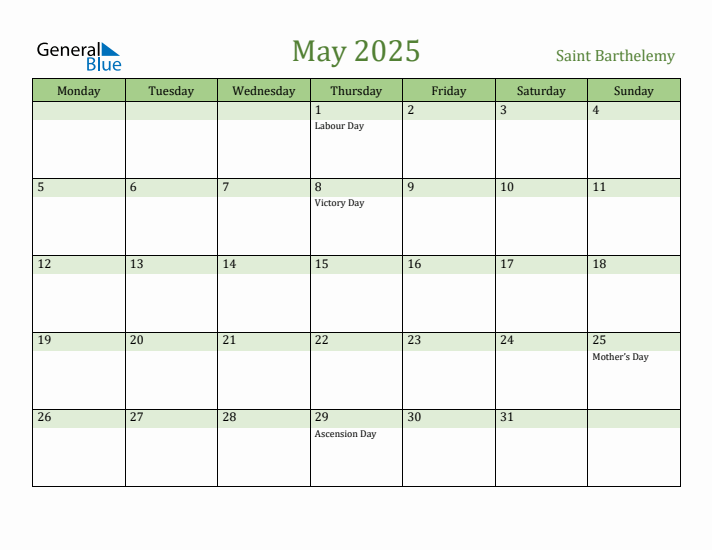 May 2025 Calendar with Saint Barthelemy Holidays