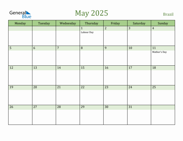 May 2025 Calendar with Brazil Holidays