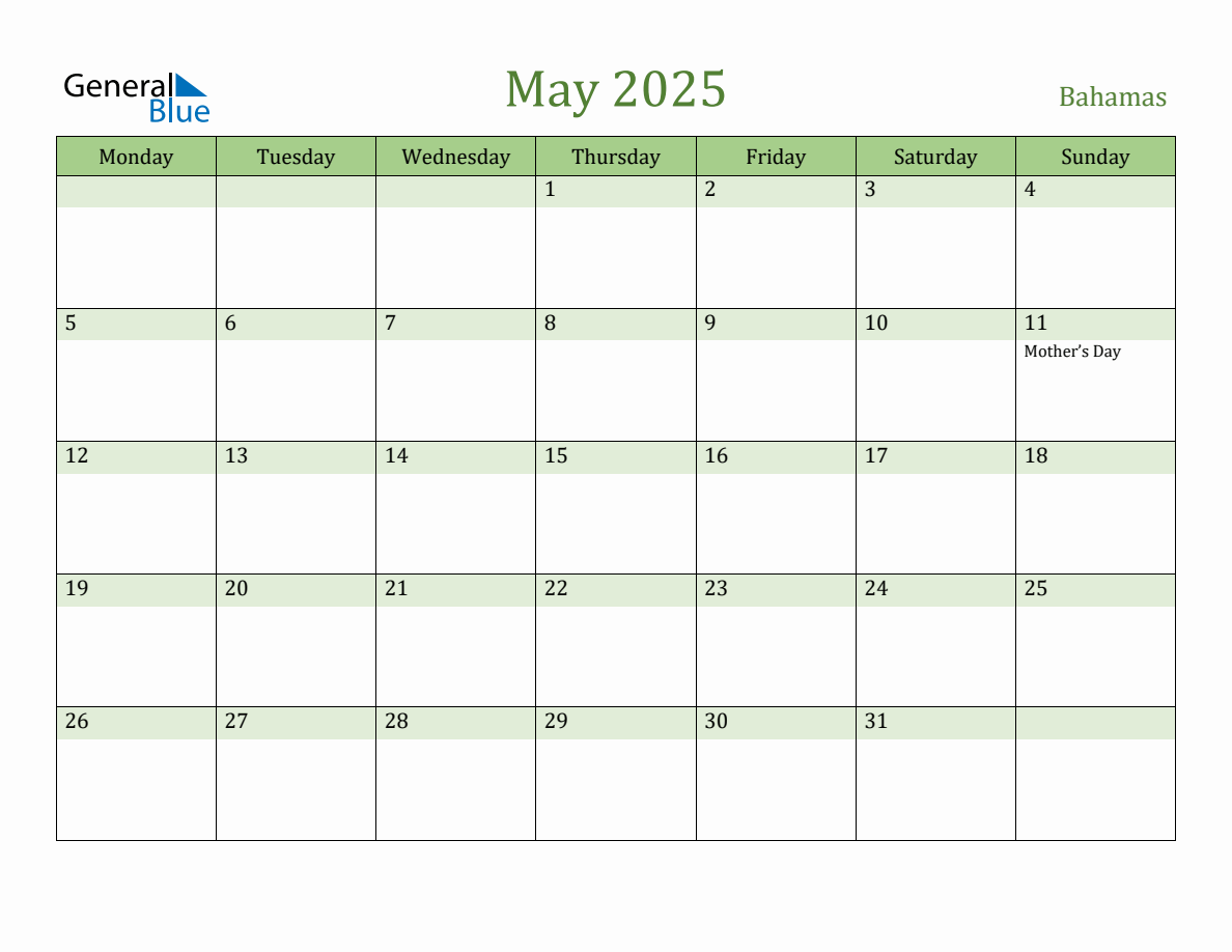 Fillable Holiday Calendar for Bahamas May 2025