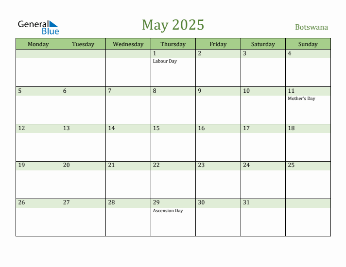 May 2025 Calendar with Botswana Holidays