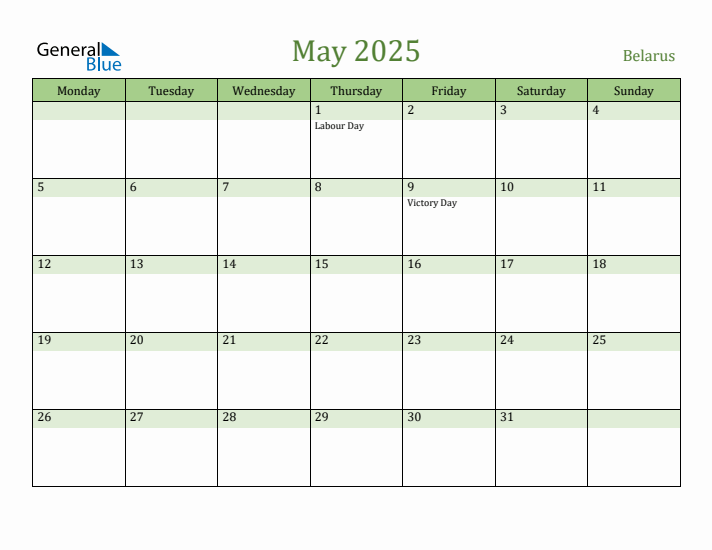 May 2025 Calendar with Belarus Holidays