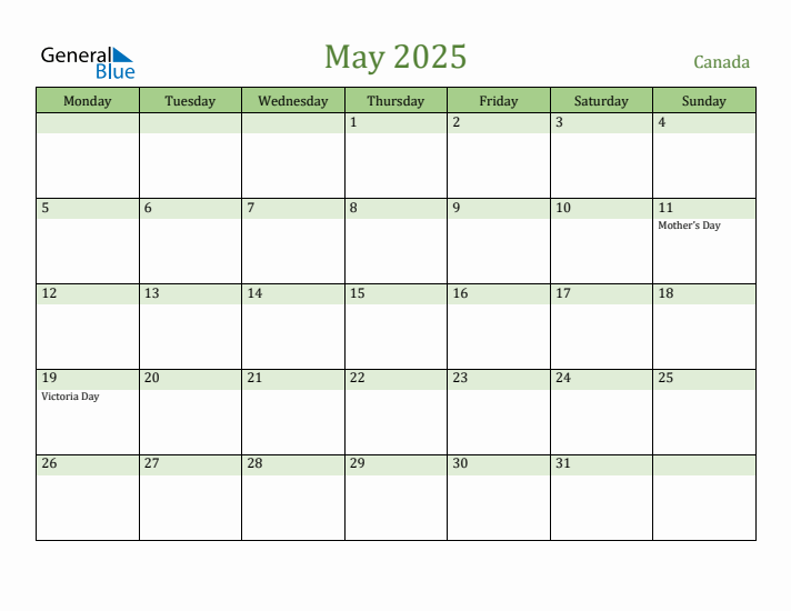 May 2025 Canada Monthly Calendar with Holidays