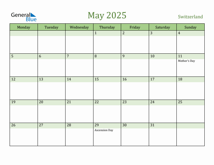 May 2025 Calendar with Switzerland Holidays