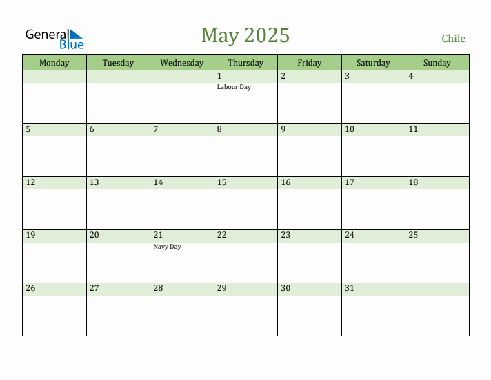 May 2025 Calendar with Chile Holidays
