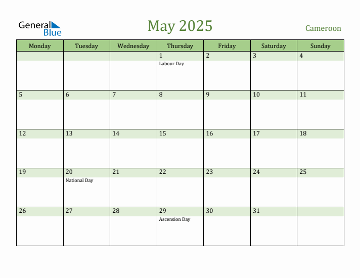 May 2025 Calendar with Cameroon Holidays