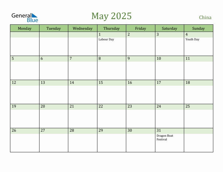 May 2025 Calendar with China Holidays