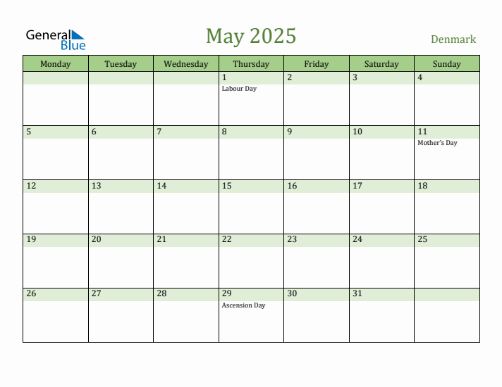 May 2025 Calendar with Denmark Holidays