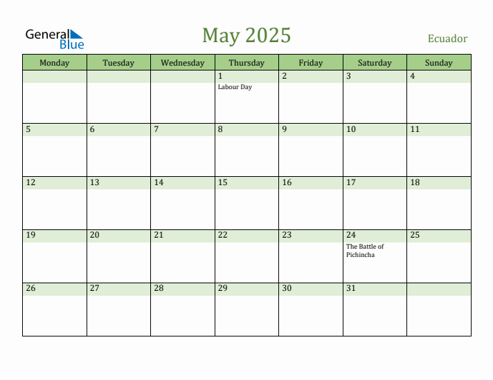 May 2025 Calendar with Ecuador Holidays
