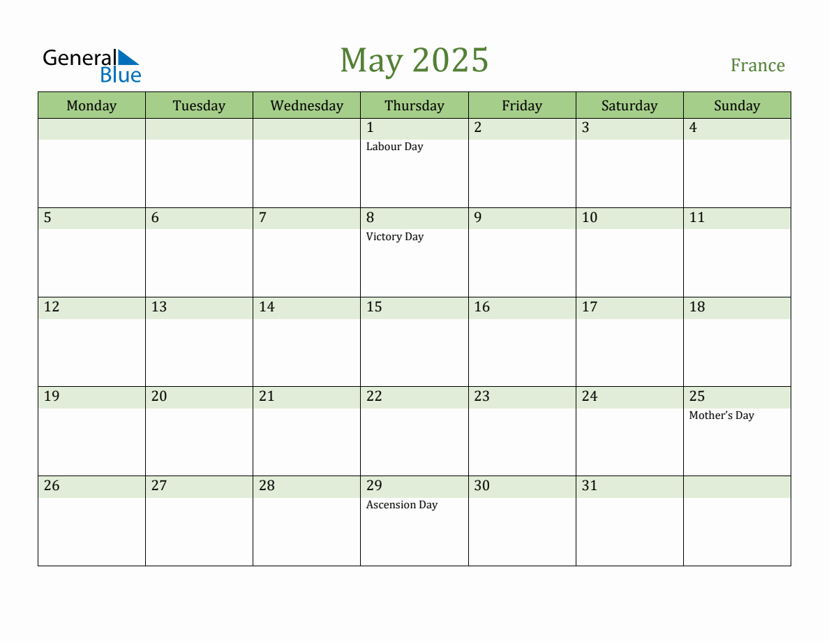 Fillable Holiday Calendar for France May 2025