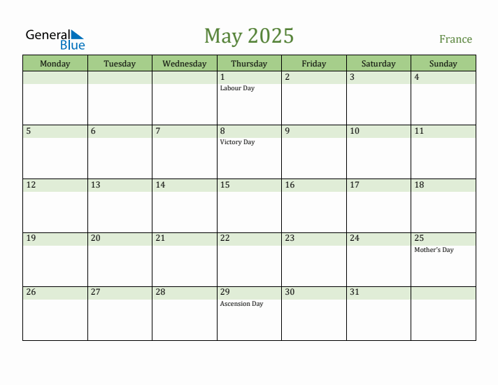 May 2025 Calendar with France Holidays