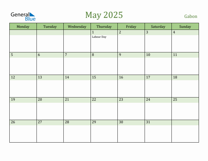 May 2025 Calendar with Gabon Holidays