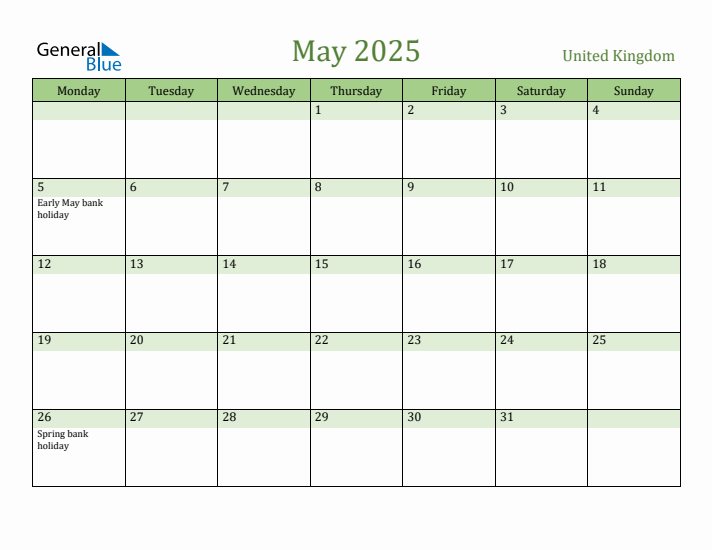 May 2025 Calendar with United Kingdom Holidays