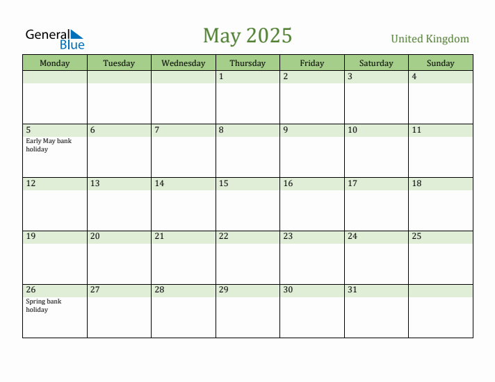 May 2025 United Kingdom Monthly Calendar with Holidays