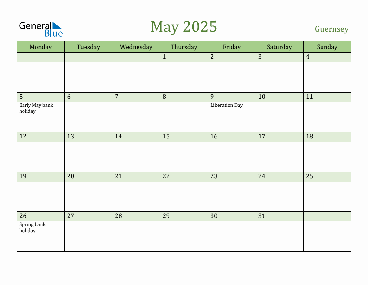 Fillable Holiday Calendar for Guernsey May 2025