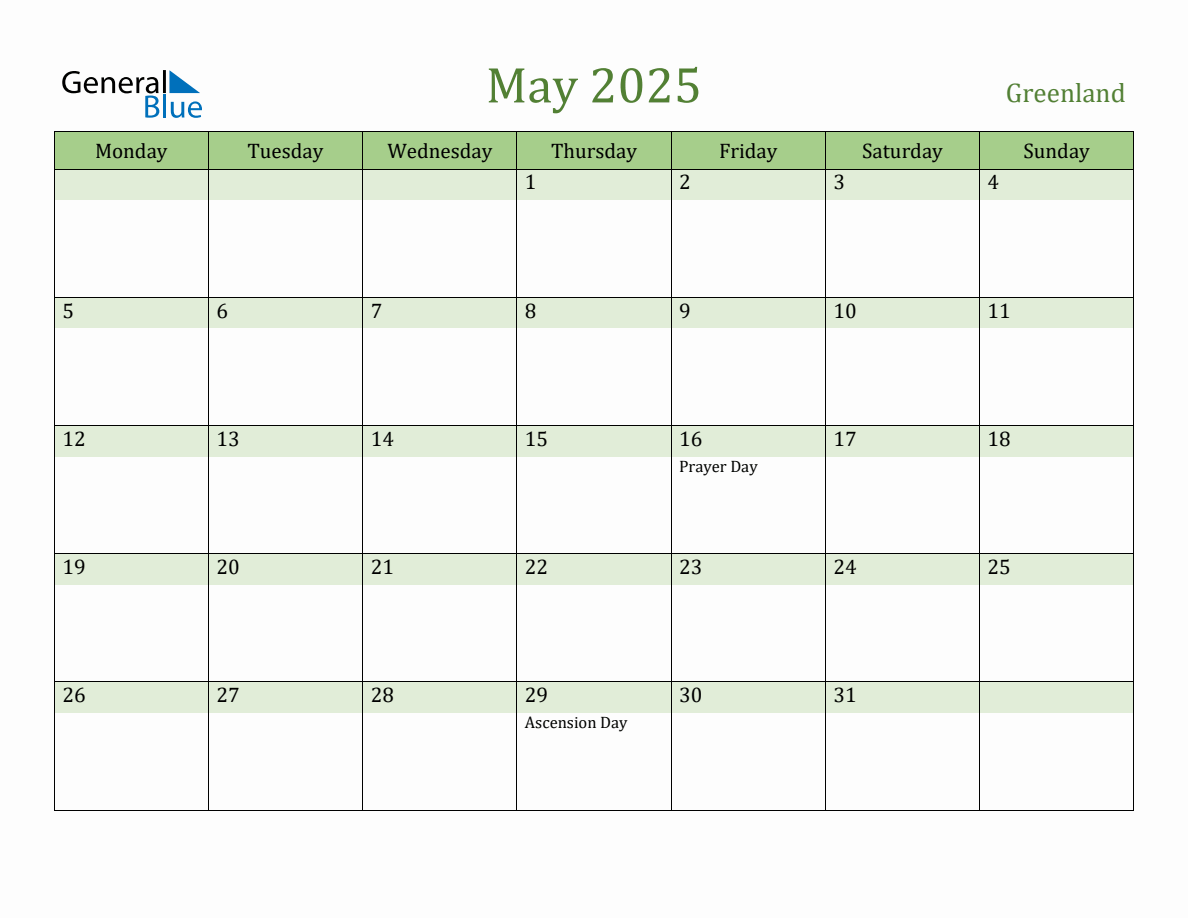 Fillable Holiday Calendar for Greenland May 2025