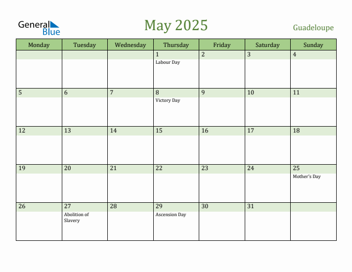 May 2025 Calendar with Guadeloupe Holidays