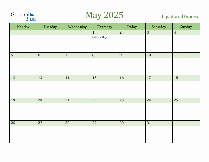 May 2025 Calendar with Equatorial Guinea Holidays