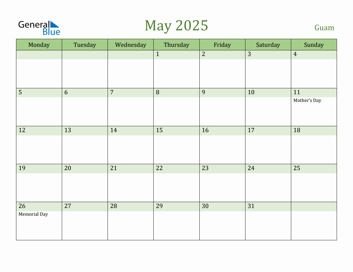 Fillable Holiday Calendar for Guam May 2025