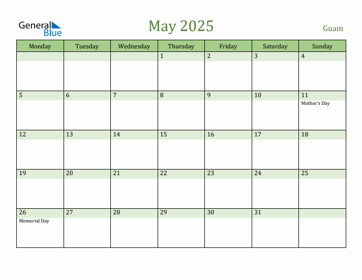 May 2025 Calendar with Guam Holidays