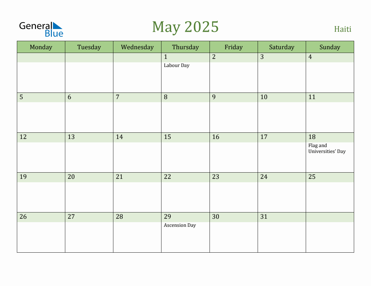 Fillable Holiday Calendar for Haiti May 2025