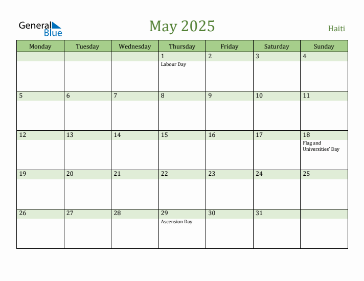 May 2025 Calendar with Haiti Holidays