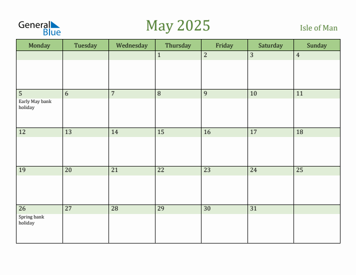 May 2025 Calendar with Isle of Man Holidays